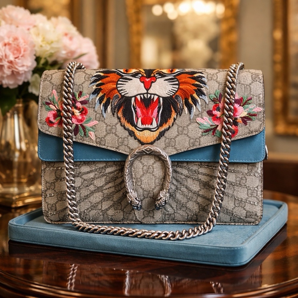 Gucci Gray and Blue Embroidered Tiger Shoulder Bag